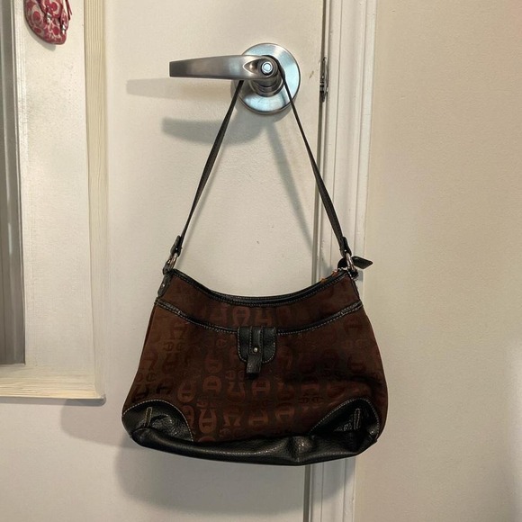 Etienne Aigner Brown‎ Signature Logo Print Shoulder Bag with leather accents - Picture 1 of 8